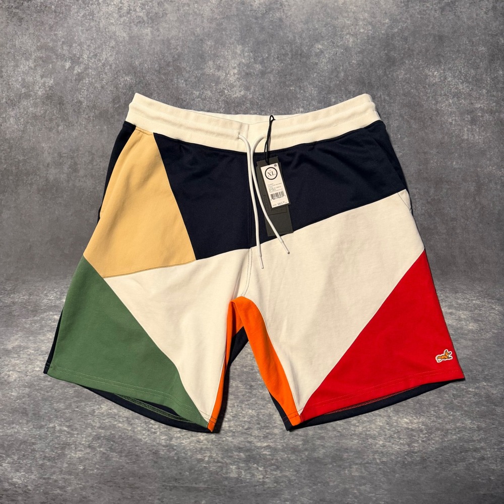 AKOO Mens Pitfall Colorblock Shorts XL NWT Navy Red Geometric Fleece Sweatshorts